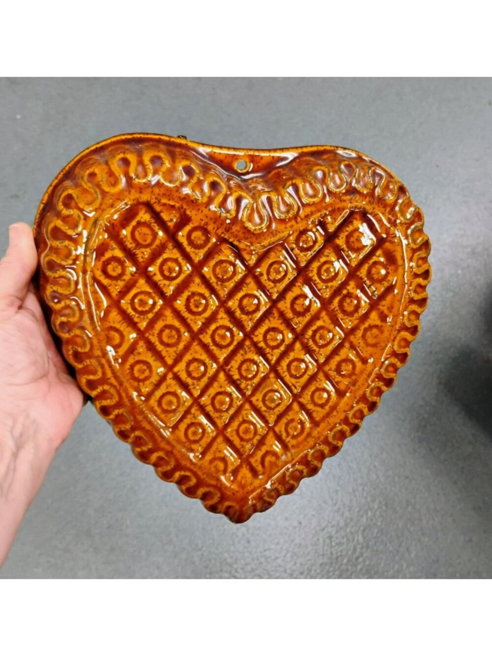 Vintage German Brownware Decorative Ceramic Heart Shaped Mold Baking Dish, Brown